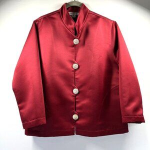 Caroline Rose Jacket M Petite Shiny Red Unlined Rhinestone Button 3/4 Sleeves